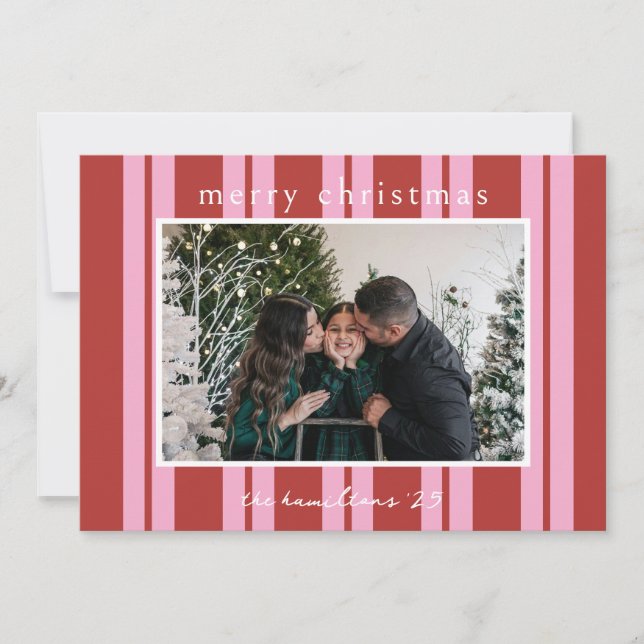 Invitación Cabana Pink red Stripe Preppy photo Christmas card (Anverso)