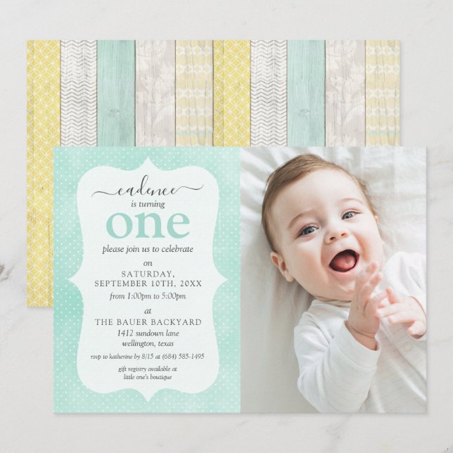 Invitación Cabaña rústica geométrica de madera Mint y amarill (Anverso / Reverso)