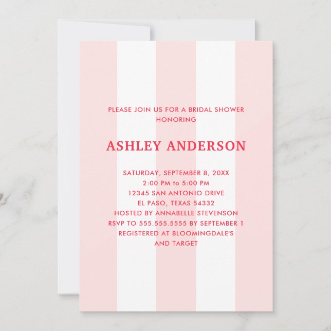 Invitación Cabana Stripe Pale Pink Bridal Shower (Anverso)