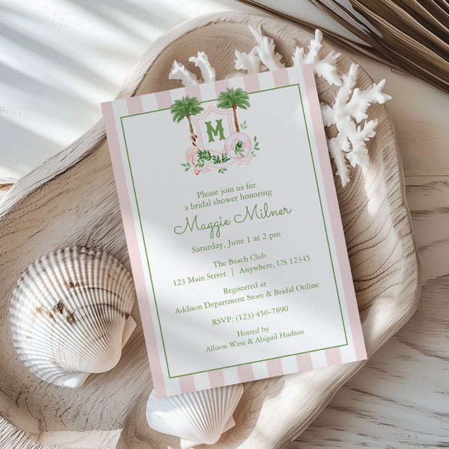 Invitación Cabana Stripes Palm Beach Monogram Crest (Subido por el creador)