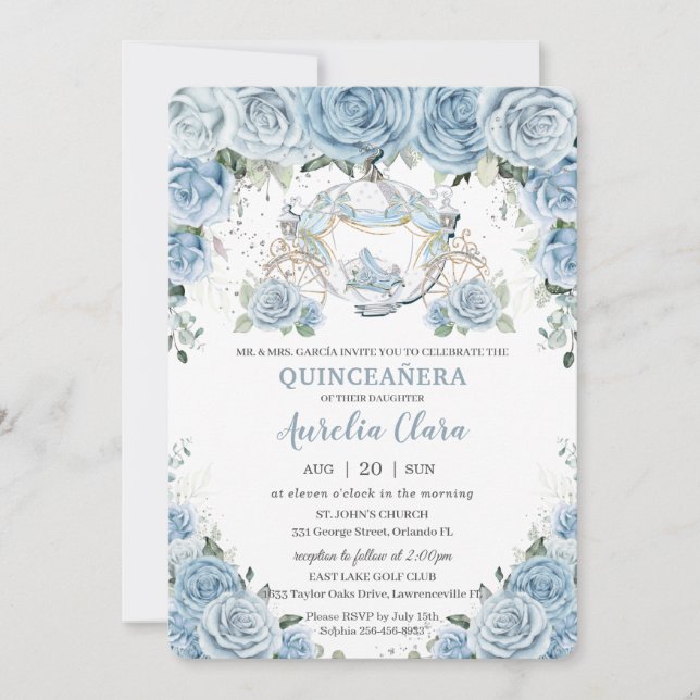 Invitación Cabecera de Cenicienta Floral Bebé Quinceañera (Anverso)