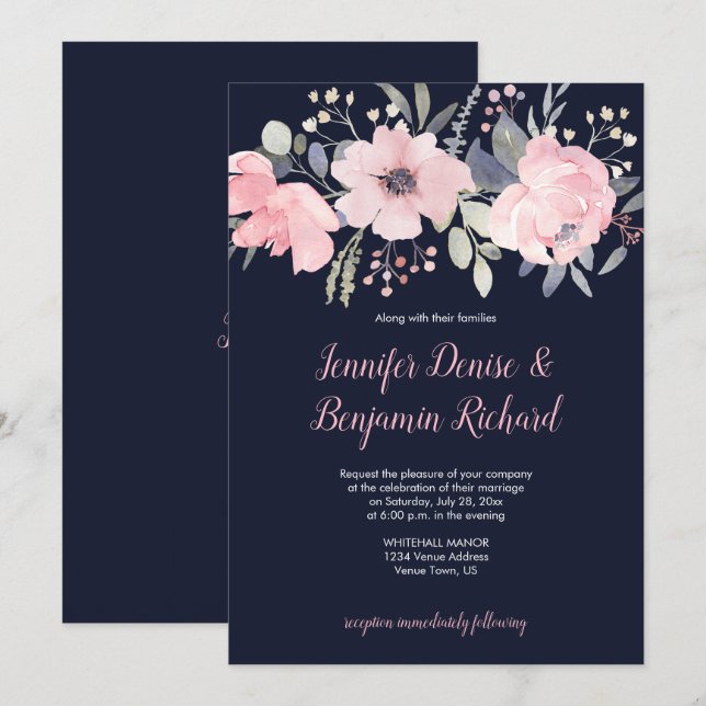 Invitación Cabecera floral rosa Rubor en Boda de la Marina | (Anverso / Reverso)