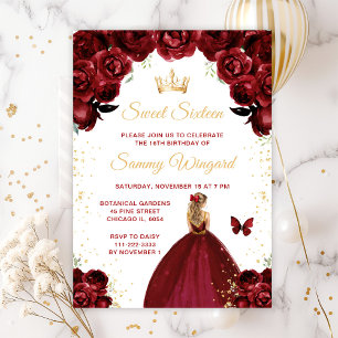 Invitación Cabello Rubio Rojo Borgoña Princesa Dulces Diecisé