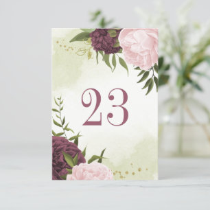 Invitación cabernet flores rosadas hojas verdes número de mes