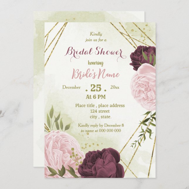 Invitación cabernet flores rosas hojas verdes ducha de novia (Anverso / Reverso)