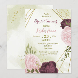 Invitación cabernet flores rosas hojas verdes ducha de novia