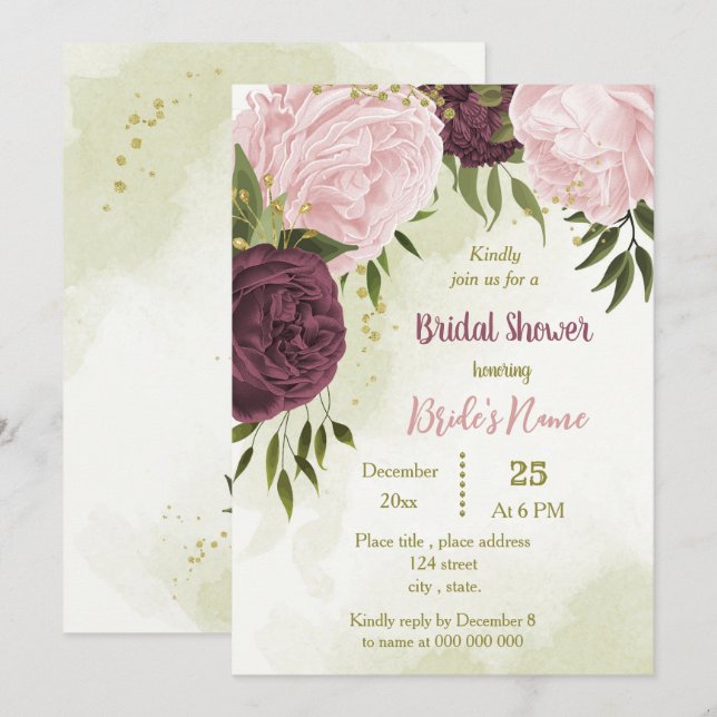 Invitación cabernet flores rosas hojas verdes ducha de novia (Anverso / Reverso)