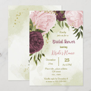 Invitación cabernet flores rosas hojas verdes ducha de novia