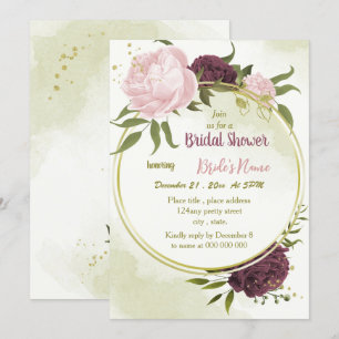 Invitación cabernet flores rosas hojas verdes ducha de novia