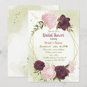 Invitación cabernet flores rosas hojas verdes ducha de novia