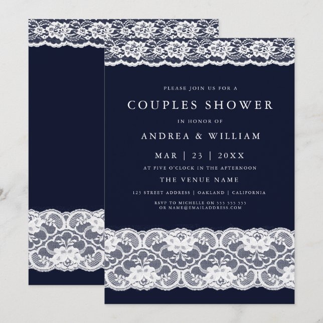 Invitación Cabeza Blanca Elegante Moderno Navy Ducha De Parej (Anverso / Reverso)