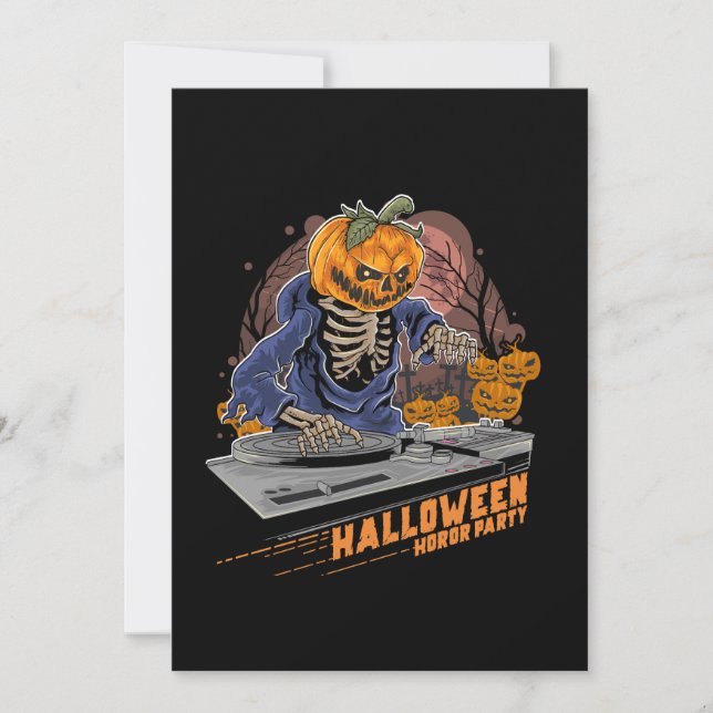 Invitación cabeza de calabaza halloween dj en fiesta musical (Anverso)