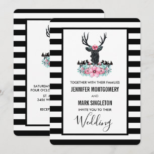 Invitación Cabeza de ciervo negro con Boda Florals & Mountain