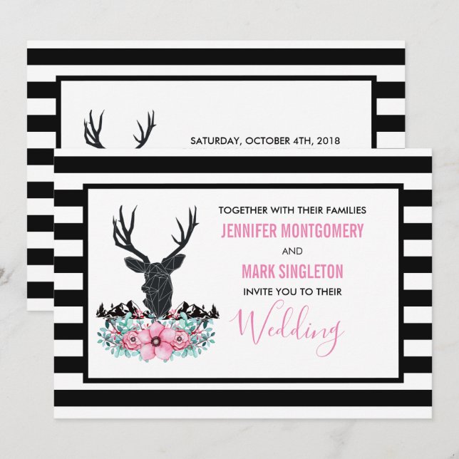 Invitación Cabeza de ciervo negro con flores rosadas y boda e (Anverso / Reverso)