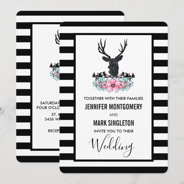 Invitación Cabeza de ciervo negro con flores rosadas y boda e (Anverso / Reverso)