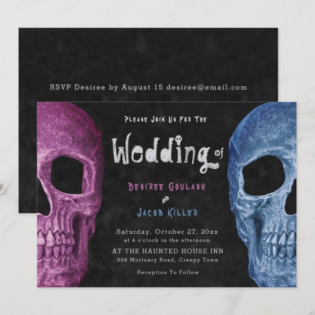 Invitación Cabeza de cráneo gótica Boda de Halloween azul ros (Anverso / Reverso)