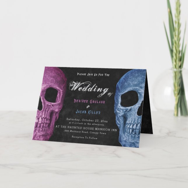 Invitación Cabeza de cráneo gótica Halloween rosa azul (Anverso)