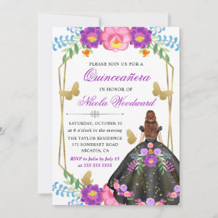 Invitación Cabeza roja en vestido floral mexicano Quinceañera
