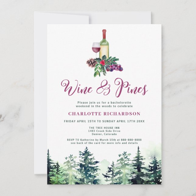 Invitación Cabina De Fin De Semana De Vino Y Pino Bachelorett (Anverso)
