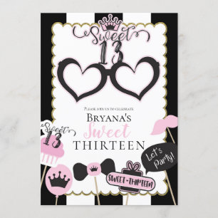 Invitación Cabina de Fotos Cumpleaños Dulces 13 Rosa Negro Fi