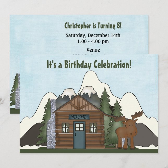 Invitación Cabina de montaña y cumpleaños de Moose invitan (Anverso / Reverso)