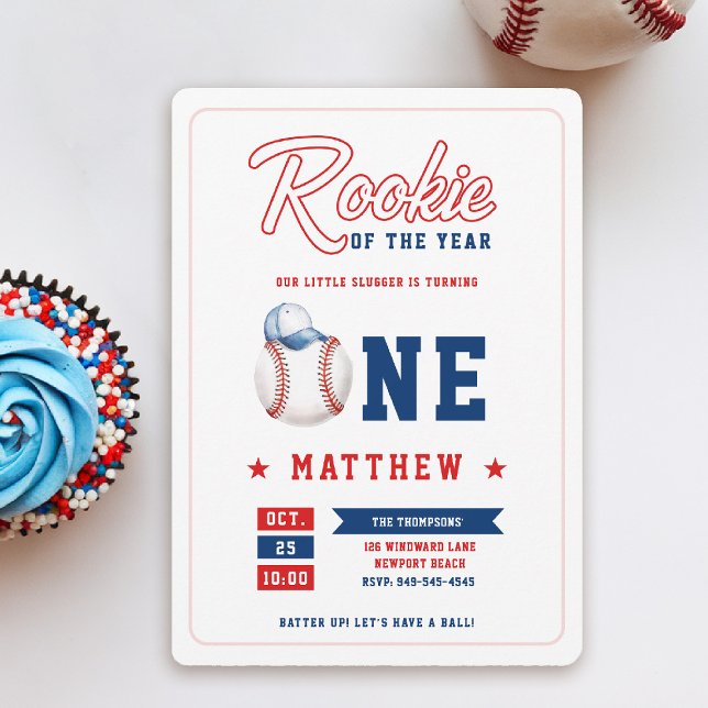 Invitación Cabo de béisbol Rookie Blue Red Fun Boy Primer Cum (rookie of the year 1st birthday invite boy baseball theme sports all star red blue white milestone)