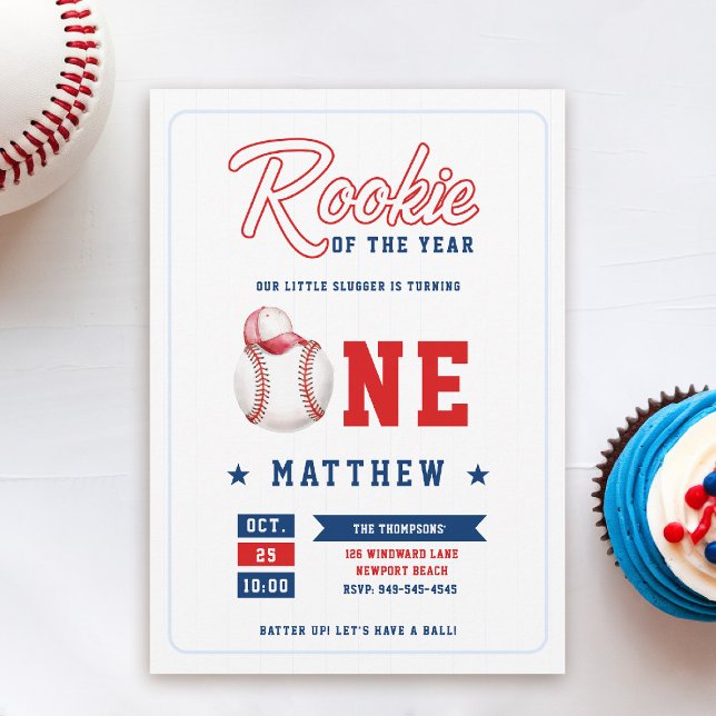 Invitación Cabo de béisbol Rookie Stripes Blue Boy Primer cum (rookie of the year 1st birthday invite boy baseball theme sports all star red blue stripes milestone)