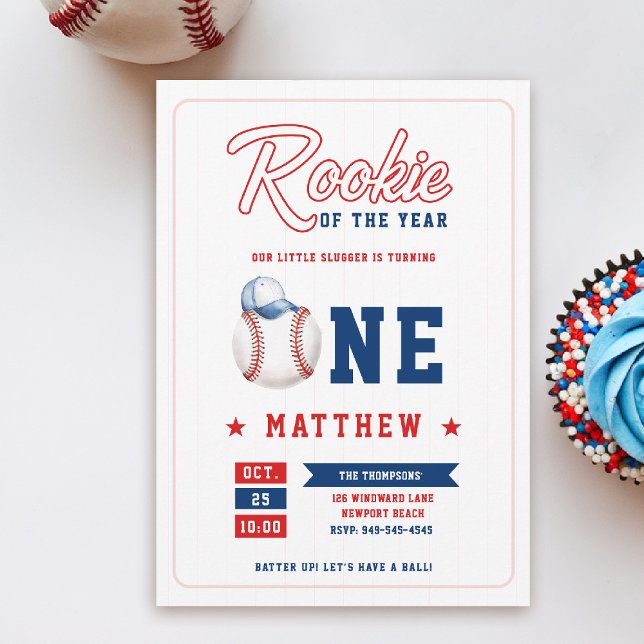 Invitación Cabo de béisbol Rookie Stripes Fun Boy Primer Cump (rookie of the year 1st birthday invite boy baseball theme sports all star red blue milestone)