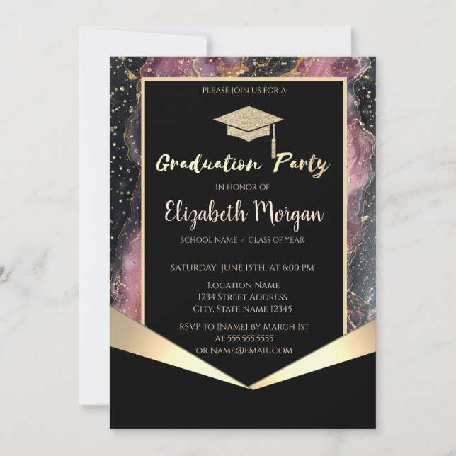 Invitación Cabo de graduación purpurina,Mármol de Borgoña Con (Anverso)
