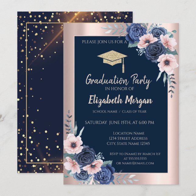 Invitación Cabo de graduación purpurina, Rosas azules, azul m (Anverso / Reverso)