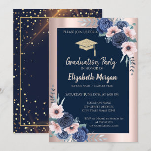 Invitación Cabo de graduación purpurina, Rosas azules, azul m