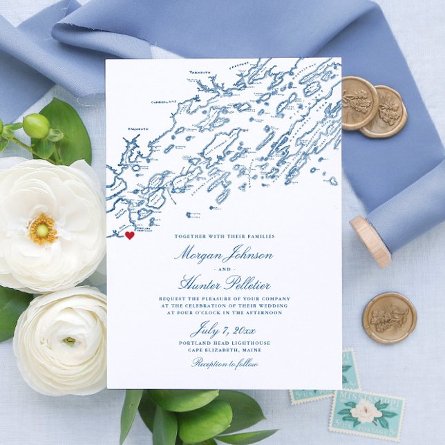 Invitación Cabo Elizabeth Maine Elegant Boda de mapas de la m (These Cape Elizabeth Maine invitations are perfect for your destination wedding on Casco Bay)