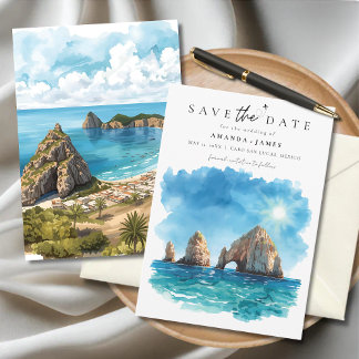 Invitación Cabo San Lucas Blue Watercolor Arch Save the Date