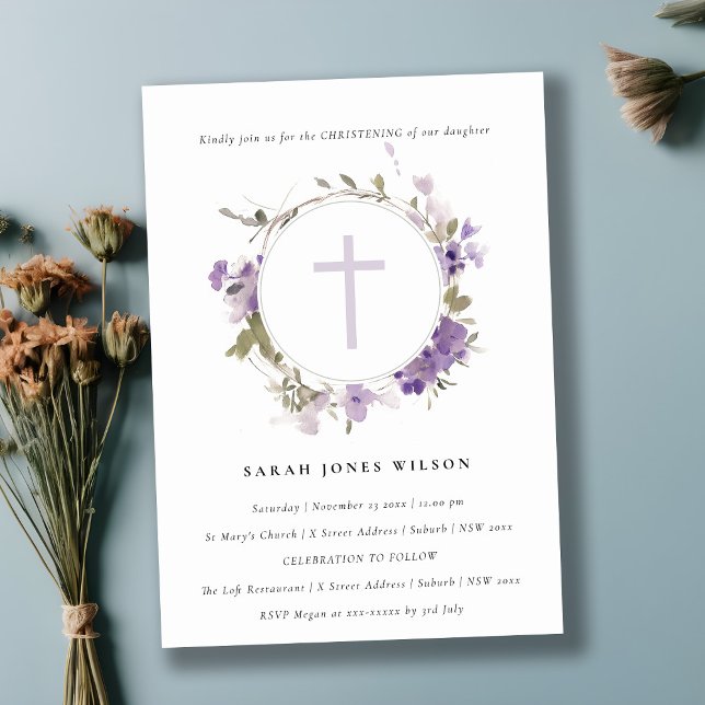 Invitación Cabotage Meadow Lilac Floral Wreath Christening (Subido por el creador)