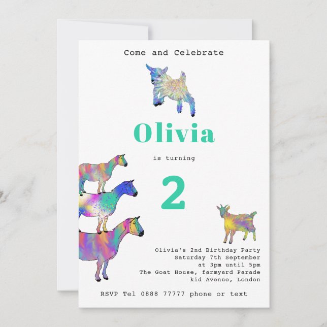 Invitación Cabra Cumpleaños 2 Años Colorido (Anverso)