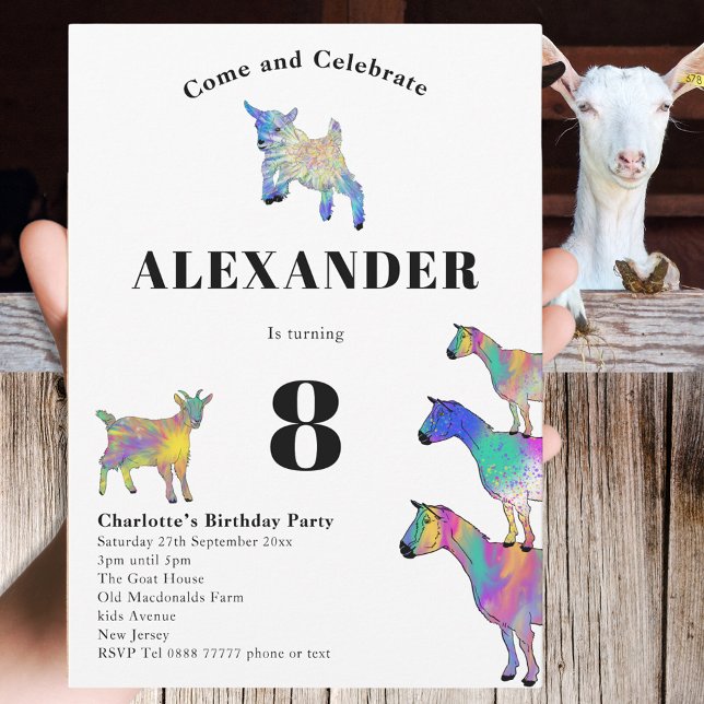 Invitación Cabras Cutas Colorful Farm Animal 8Fiesta de Cumpl (Cute goats colorful farm animal watercolor art 8th birthday party invitation)