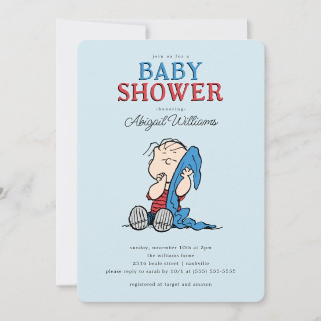 Invitación Cacahuetes | Linus y Blanket Boy Baby Shower (Anverso)