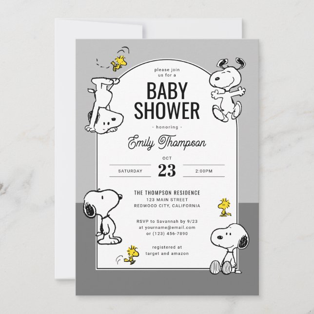 Invitación Cacahuetes | Snoopy y Woodstock Grey Baby Shower (Anverso)