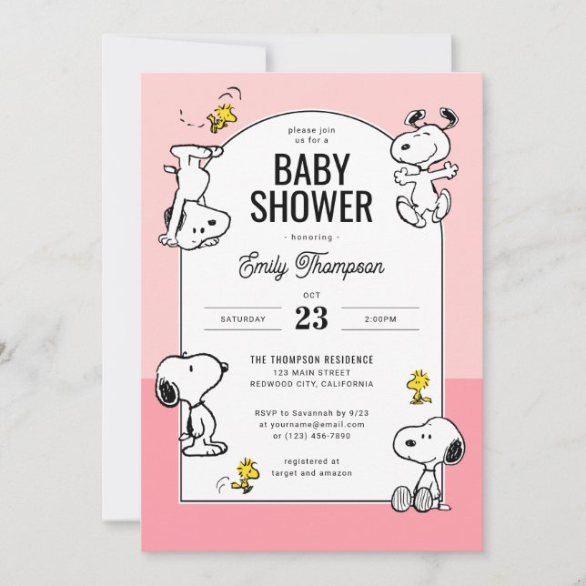 Invitación Cacahuetes | Snoopy y Woodstock Pink Baby Shower (Anverso)