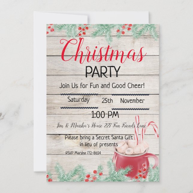 Invitación Cacao caliente editable, Fiesta de Navidades (Anverso)