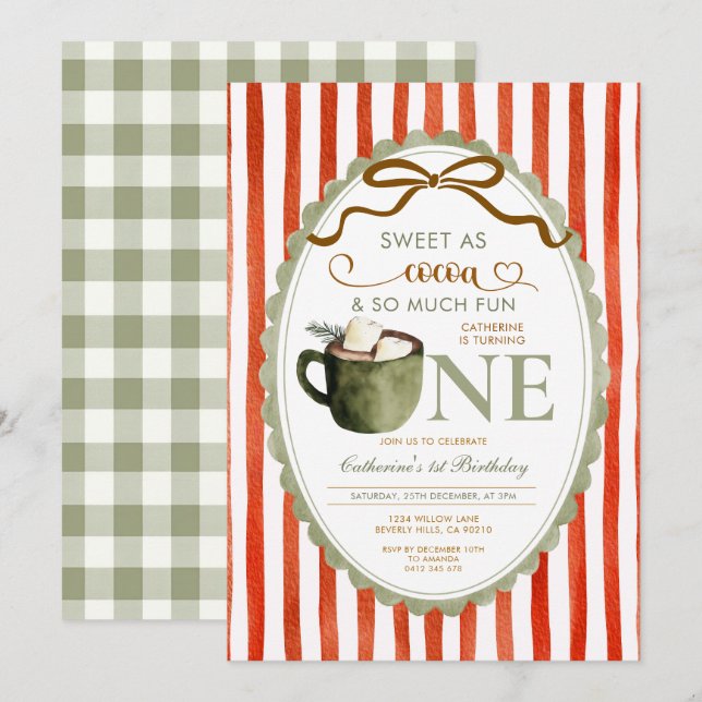 Invitación Cacao Caliente Rojo Verde 1er cumpleaños Gingham (Anverso / Reverso)