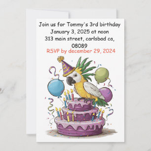 Invitación cacatúa posada en globos de pastel de cumpleaños
