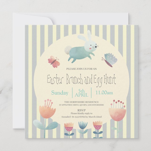 Invitación Cacería de huevos de Pascua a rayas azules y blanc (Anverso)