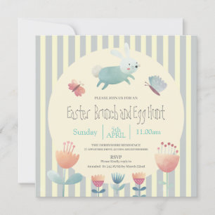 Invitación Cacería de huevos de Pascua a rayas azules y blanc