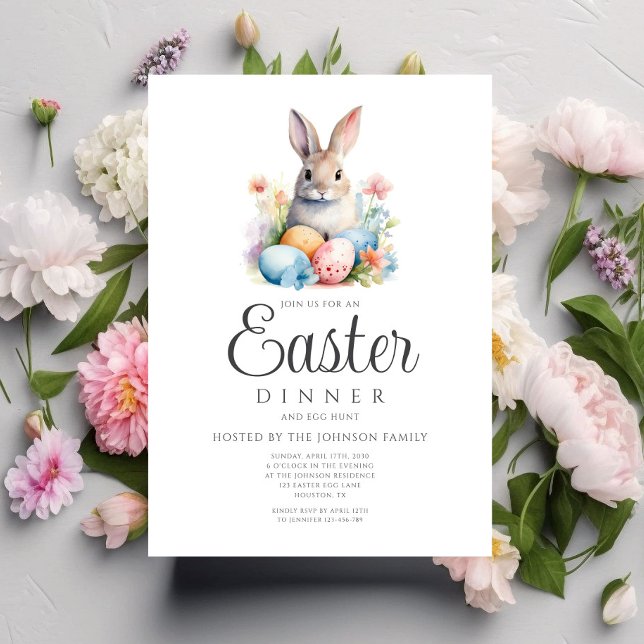 Invitación Cacería De Huevos Y Cena De Pascua (Cute Bunny Egg Hunt And Easter Dinner Invitation)
