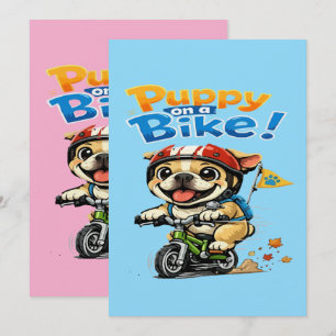 Invitación Cachorro Adorable en una Bicicleta Dibujo Animado