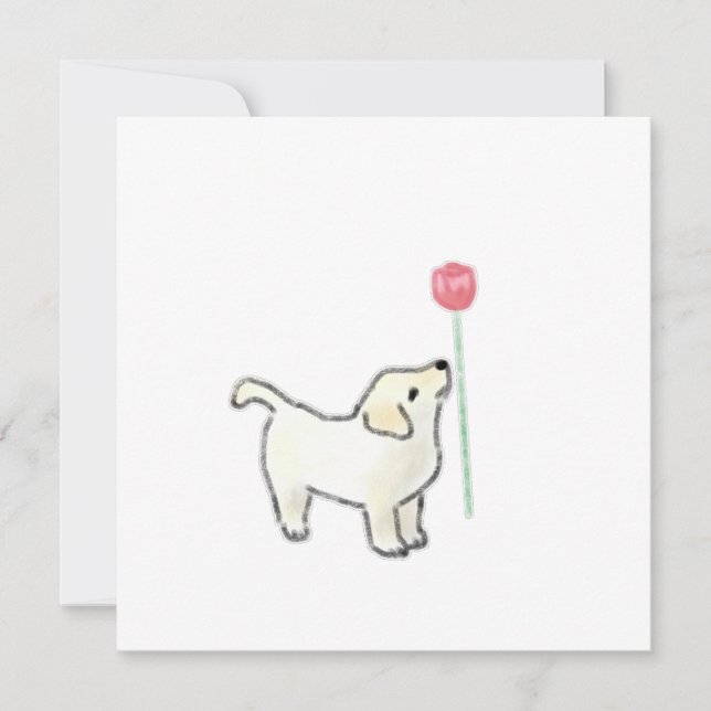 Invitación Cachorro Blanco Olfateando Flor Rosa (Anverso)