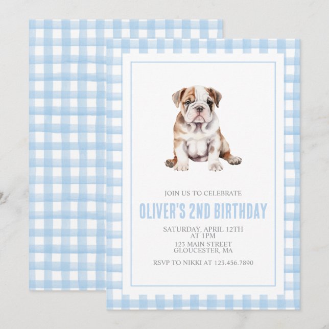 Invitación Cachorro bulldog preppy de cuadros cumpleaños (Anverso / Reverso)