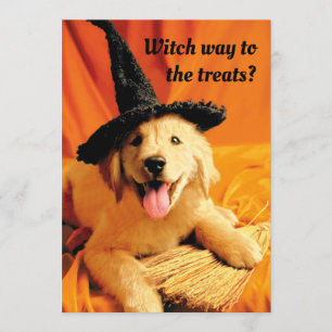 Invitación Cachorro con sombrero de bruja y escoba