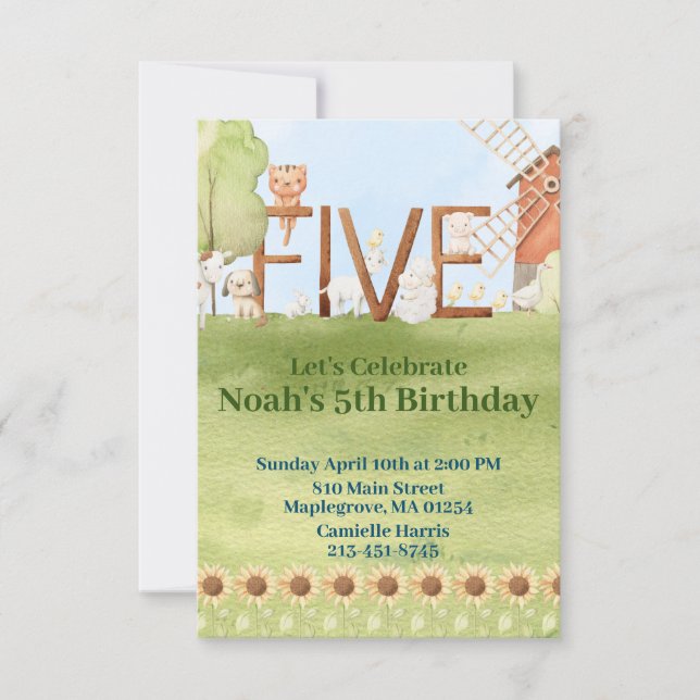 Invitación Cachorro de animales de granja 5 años (Anverso)